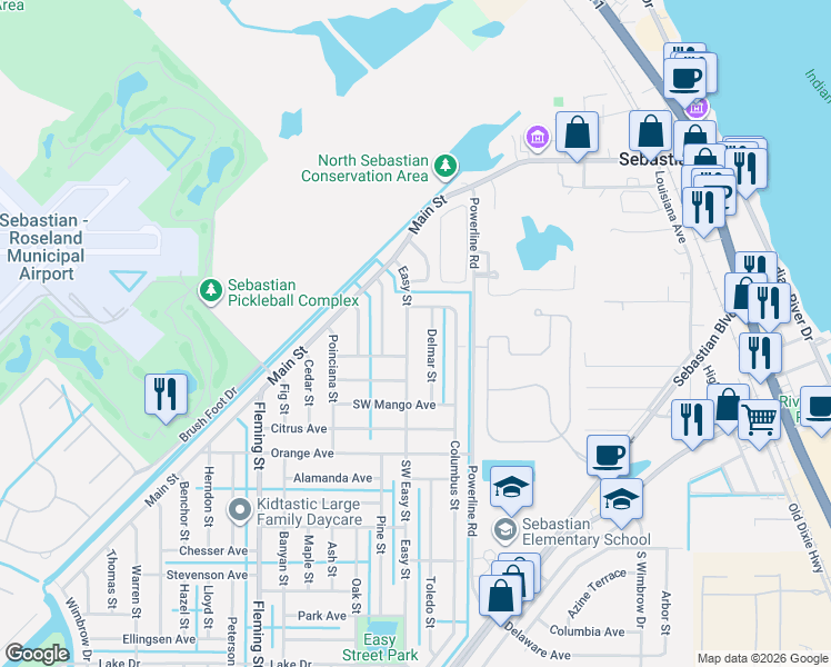 map of restaurants, bars, coffee shops, grocery stores, and more near 174 Easy Street in Sebastian