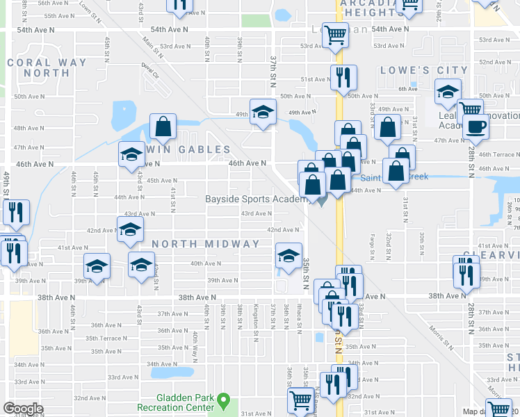 map of restaurants, bars, coffee shops, grocery stores, and more near 3737 43rd Avenue North in St. Petersburg