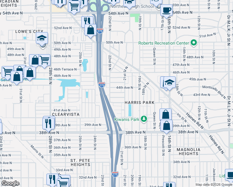 map of restaurants, bars, coffee shops, grocery stores, and more near 2131 43rd Terrace North in St. Petersburg