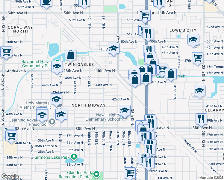 map of restaurants, bars, coffee shops, grocery stores, and more near 3737 43rd Avenue North in St. Petersburg