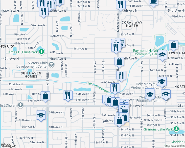map of restaurants, bars, coffee shops, grocery stores, and more near 5197 43rd Avenue North in St. Petersburg