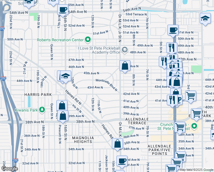 map of restaurants, bars, coffee shops, grocery stores, and more near 1004 Monticello Boulevard North in St. Petersburg