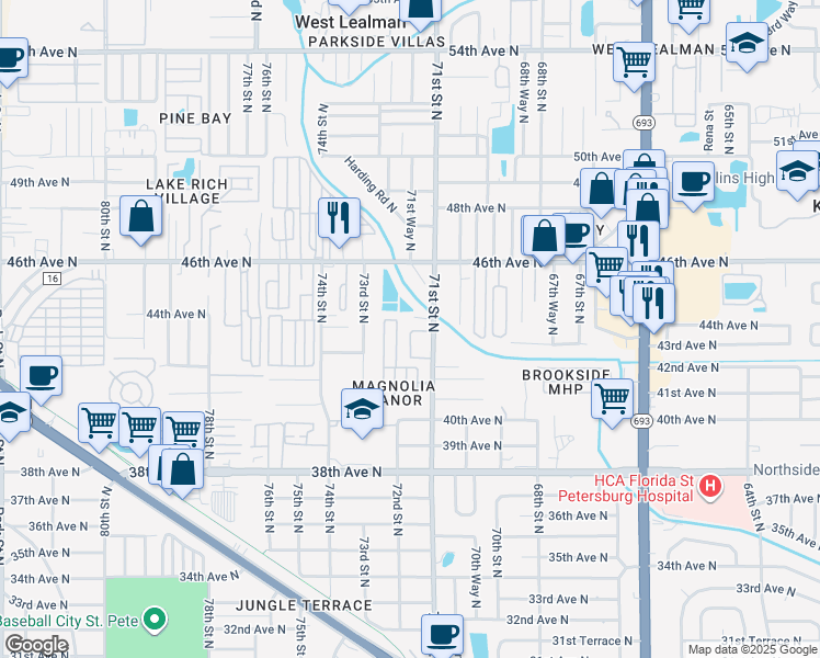 map of restaurants, bars, coffee shops, grocery stores, and more near 4358 72nd Street North in St. Petersburg