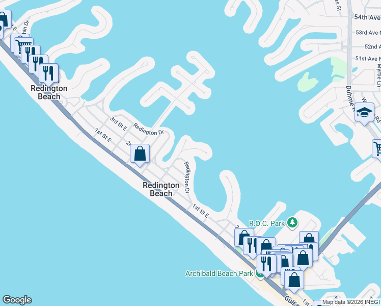 map of restaurants, bars, coffee shops, grocery stores, and more near 15825 Redington Drive in Redington Beach
