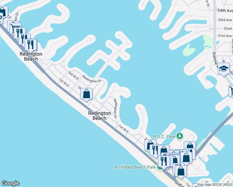 map of restaurants, bars, coffee shops, grocery stores, and more near 15825 Redington Drive in Redington Beach