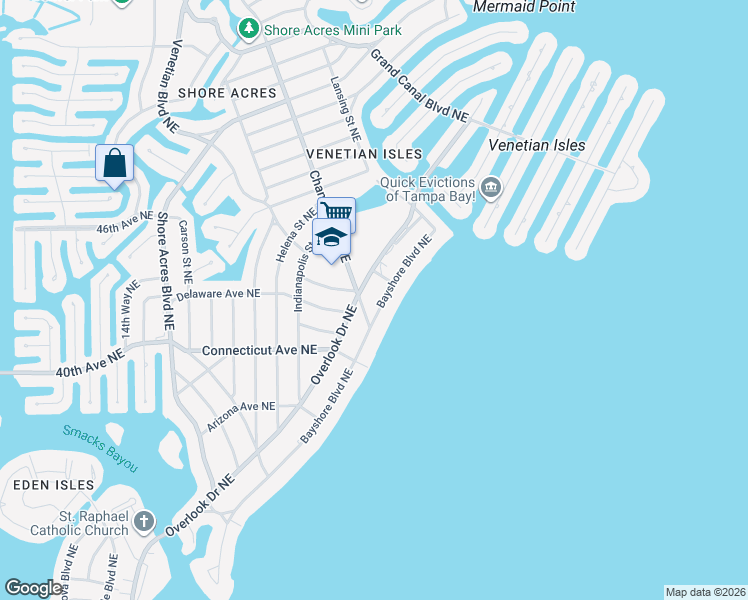 map of restaurants, bars, coffee shops, grocery stores, and more near 4415 Overlook Drive Northeast in St. Petersburg