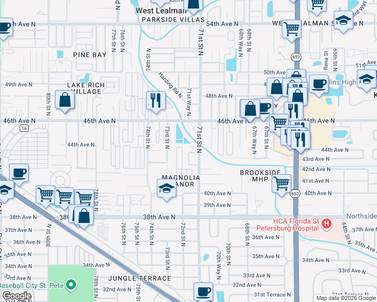map of restaurants, bars, coffee shops, grocery stores, and more near 4358 72nd Street North in St. Petersburg
