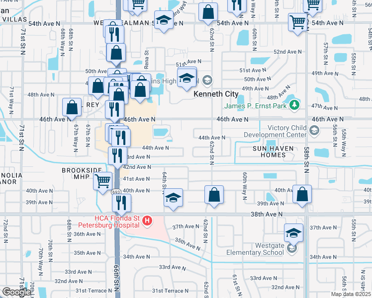 map of restaurants, bars, coffee shops, grocery stores, and more near 4341 63rd Way North in Saint Petersburg