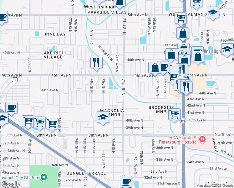 map of restaurants, bars, coffee shops, grocery stores, and more near 4330 Tyler Circle North in St. Petersburg