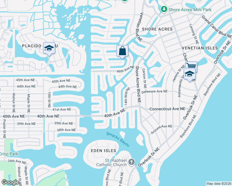 map of restaurants, bars, coffee shops, grocery stores, and more near 4290 14th Street Northeast in Saint Petersburg