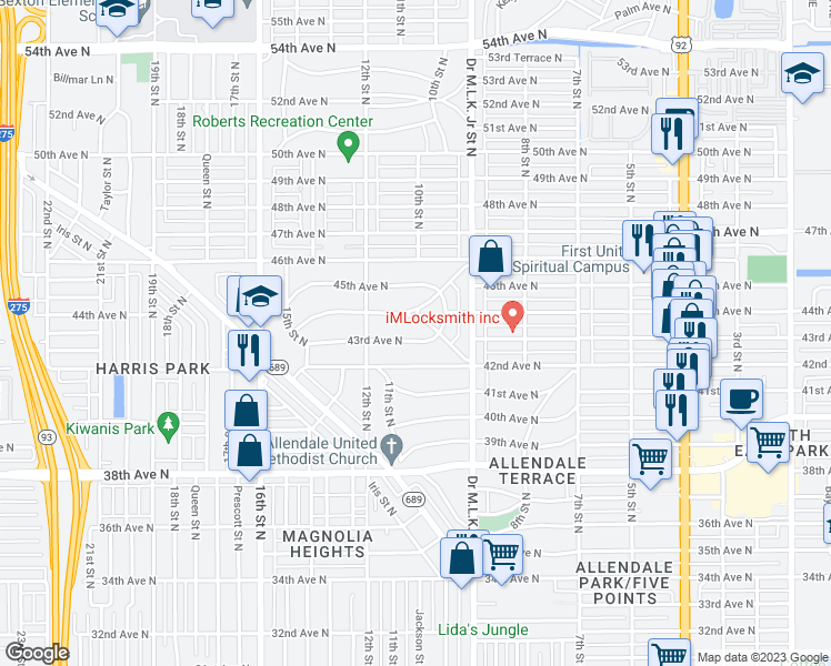 map of restaurants, bars, coffee shops, grocery stores, and more near 1004 Monticello Boulevard North in St. Petersburg
