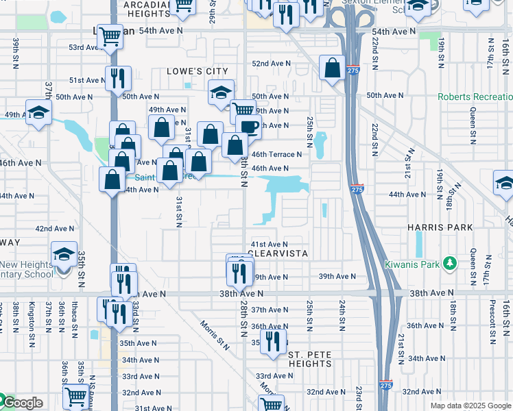 map of restaurants, bars, coffee shops, grocery stores, and more near 4301 28th Street North in St. Petersburg