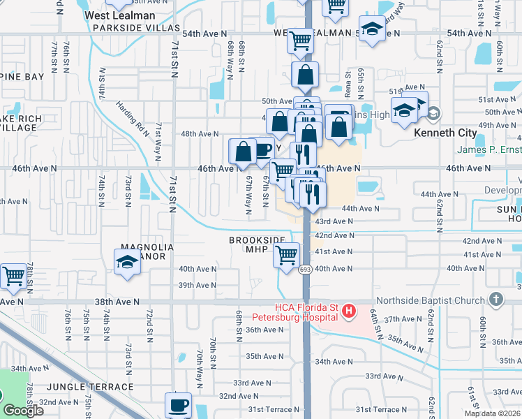 map of restaurants, bars, coffee shops, grocery stores, and more near 4301 67th Street North in St. Petersburg