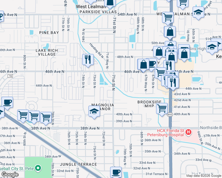 map of restaurants, bars, coffee shops, grocery stores, and more near 4362 Tyler Circle North in St. Petersburg