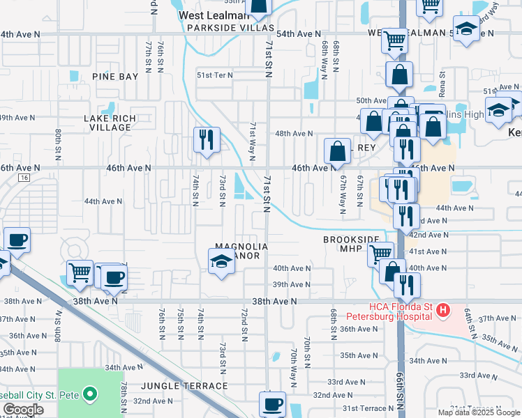 map of restaurants, bars, coffee shops, grocery stores, and more near 4362 Tyler Circle North in St. Petersburg