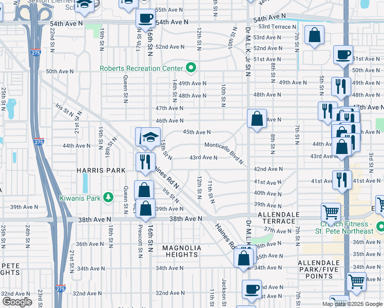 map of restaurants, bars, coffee shops, grocery stores, and more near 1221 43rd Avenue North in Saint Petersburg