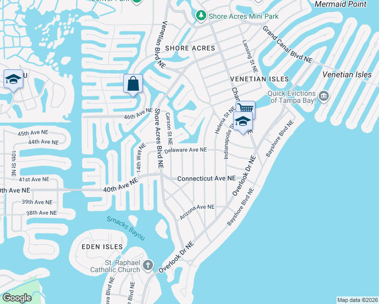 map of restaurants, bars, coffee shops, grocery stores, and more near 1558 Delaware Avenue Northeast in St. Petersburg