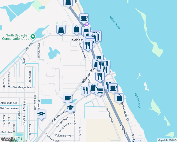 map of restaurants, bars, coffee shops, grocery stores, and more near 930 Louisiana Avenue in Sebastian