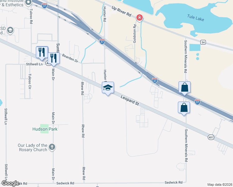 map of restaurants, bars, coffee shops, grocery stores, and more near 7280-7530 Highway 407 Spur in Corpus Christi