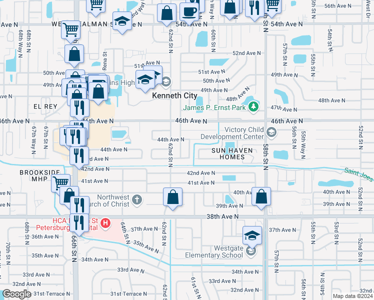 map of restaurants, bars, coffee shops, grocery stores, and more near 4356 61st Way North in Kenneth City