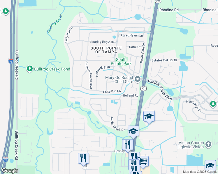 map of restaurants, bars, coffee shops, grocery stores, and more near 12608 Midpointe Drive in Riverview