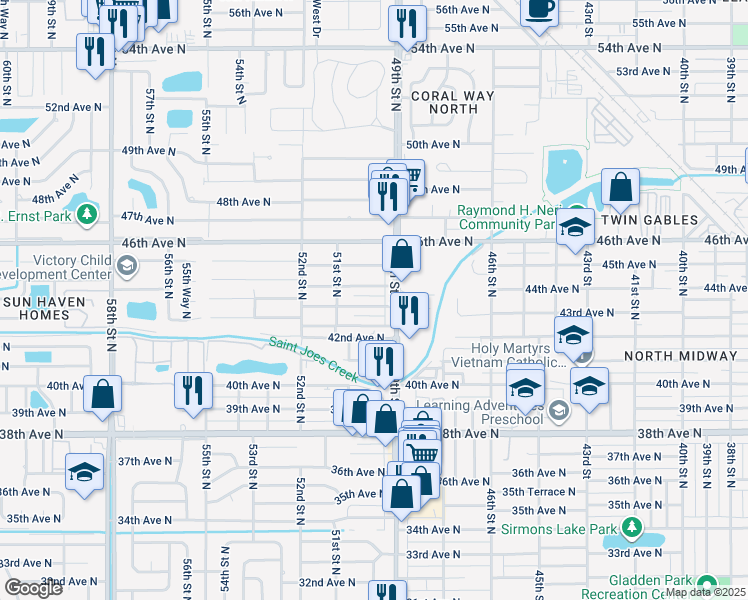map of restaurants, bars, coffee shops, grocery stores, and more near 4931 43rd Avenue North in St. Petersburg