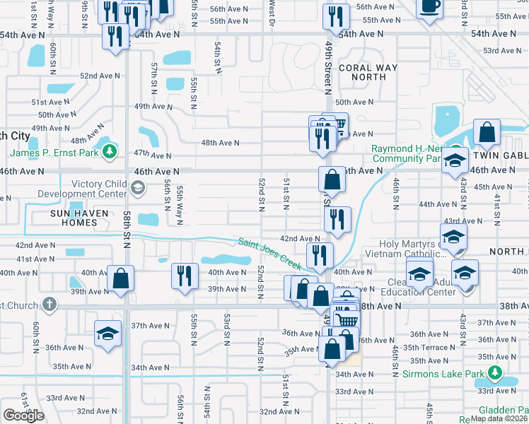 map of restaurants, bars, coffee shops, grocery stores, and more near 5197 43rd Avenue North in Saint Petersburg