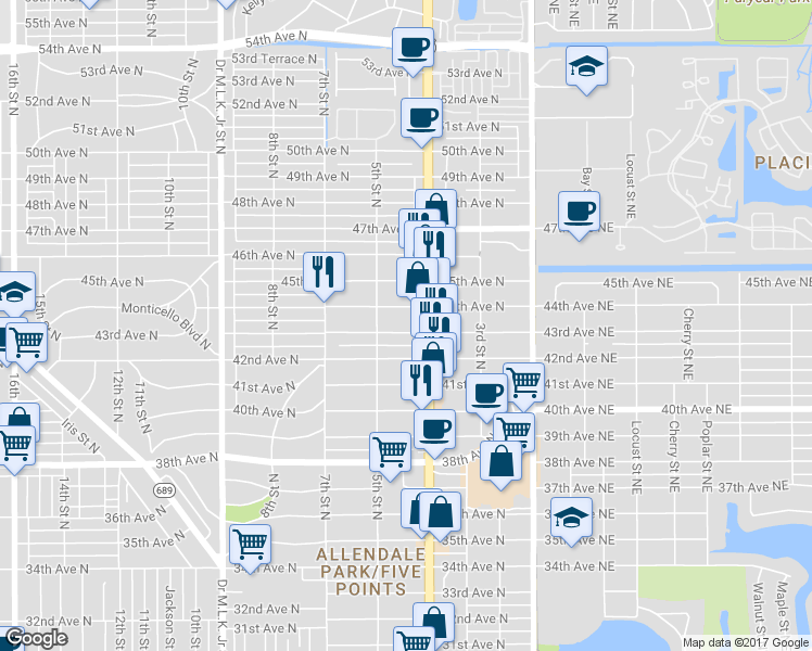 map of restaurants, bars, coffee shops, grocery stores, and more near 437 43rd Avenue North in St. Petersburg