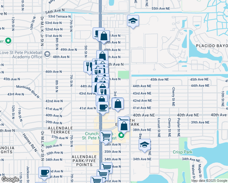 map of restaurants, bars, coffee shops, grocery stores, and more near 301 43rd Avenue Northeast in St. Petersburg