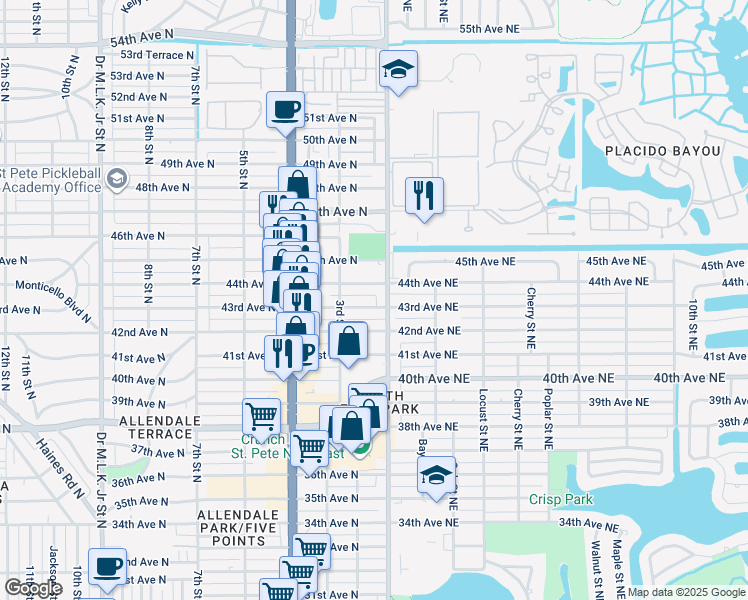 map of restaurants, bars, coffee shops, grocery stores, and more near 121 43rd Avenue North in Saint Petersburg