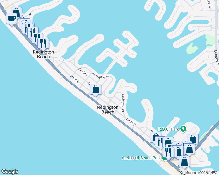 map of restaurants, bars, coffee shops, grocery stores, and more near 16019 Redington Drive in Redington Beach