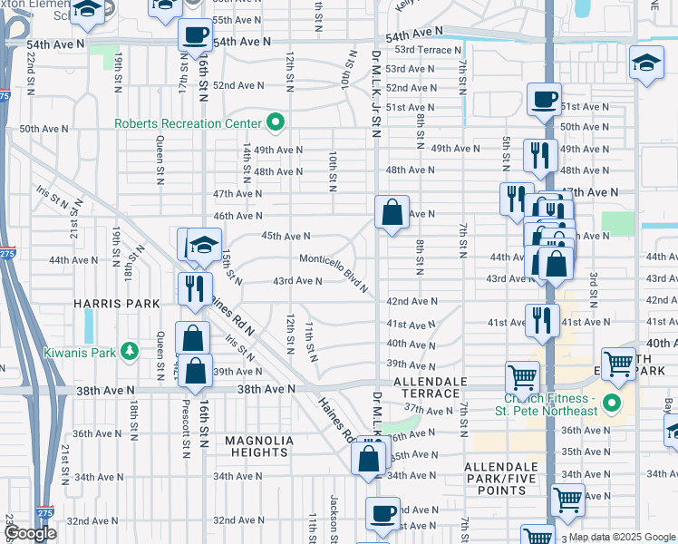 map of restaurants, bars, coffee shops, grocery stores, and more near 1004 Monticello Boulevard North in St. Petersburg