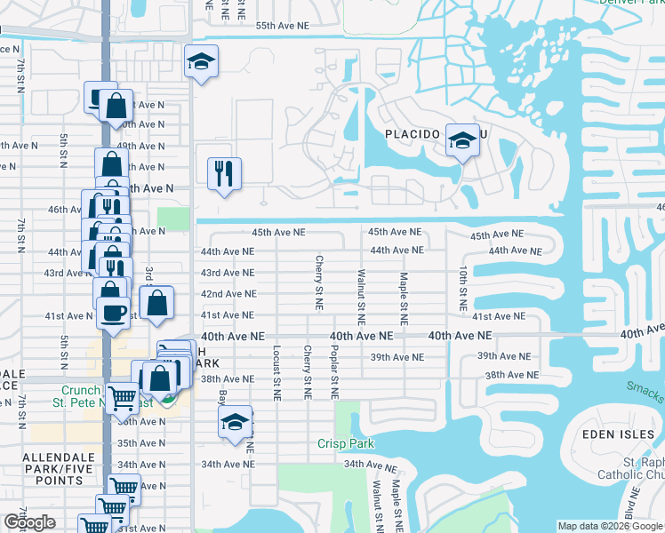 map of restaurants, bars, coffee shops, grocery stores, and more near 563 43rd Avenue Northeast in Saint Petersburg