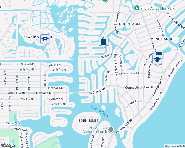 map of restaurants, bars, coffee shops, grocery stores, and more near 4290 14th Street Northeast in St. Petersburg
