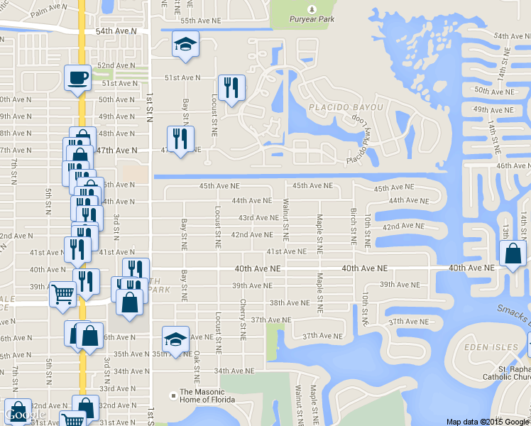 map of restaurants, bars, coffee shops, grocery stores, and more near 593 43rd Ave NE in St Petersburg