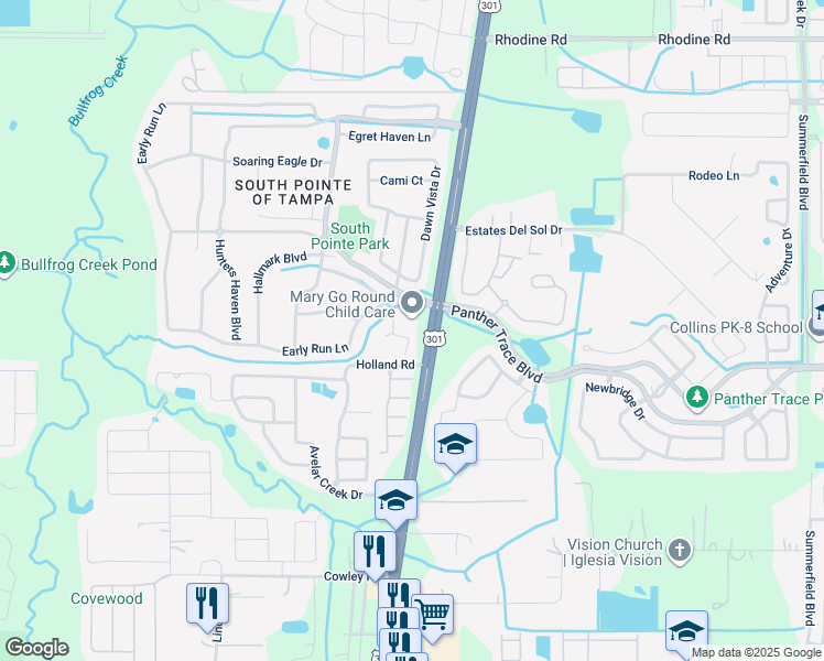 map of restaurants, bars, coffee shops, grocery stores, and more near 10626 Walker Vista Drive in Riverview