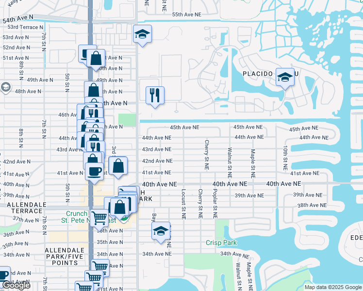 map of restaurants, bars, coffee shops, grocery stores, and more near 4314 Locust Street Northeast in St. Petersburg