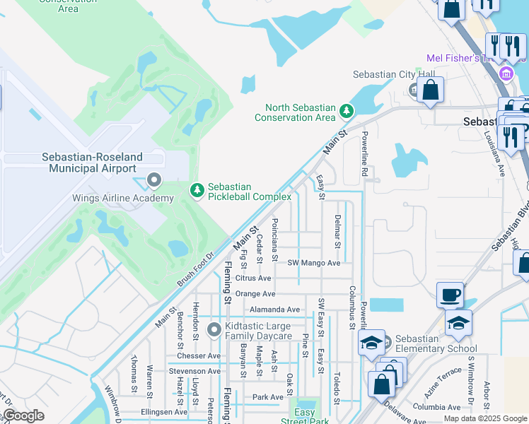 map of restaurants, bars, coffee shops, grocery stores, and more near 200 Main Street in Sebastian