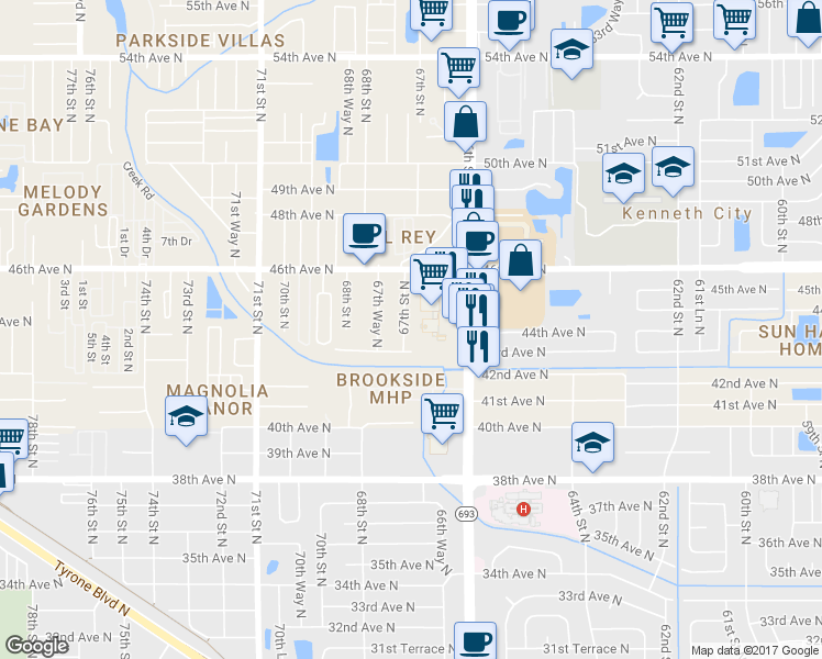 map of restaurants, bars, coffee shops, grocery stores, and more near 4301 67th Street North in Saint Petersburg