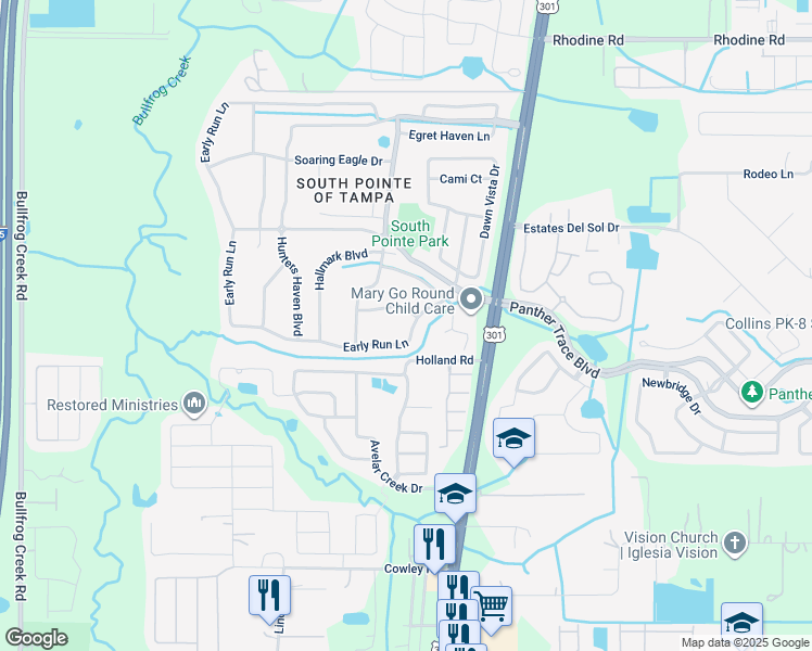 map of restaurants, bars, coffee shops, grocery stores, and more near 12605 Early Run Ln in Riverview