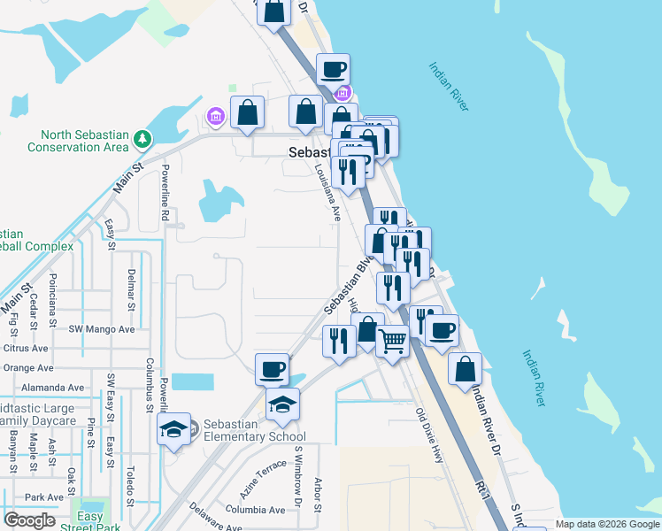 map of restaurants, bars, coffee shops, grocery stores, and more near 929 Louisiana Avenue in Sebastian