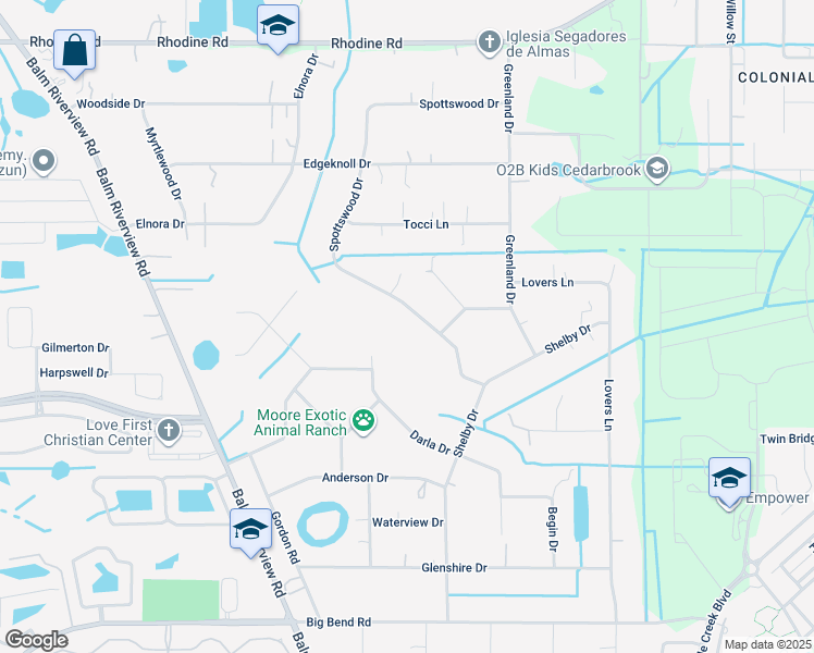 map of restaurants, bars, coffee shops, grocery stores, and more near 12531 Spottswood Drive in Riverview