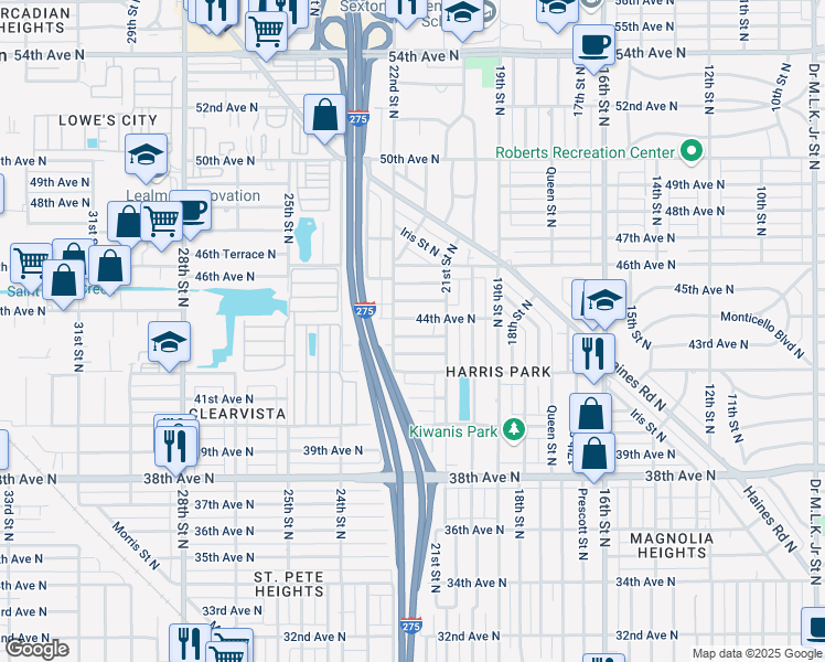 map of restaurants, bars, coffee shops, grocery stores, and more near 2151 43rd Terrace North in St. Petersburg