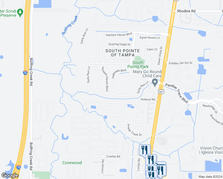 map of restaurants, bars, coffee shops, grocery stores, and more near 10408 Hallmark Boulevard in Riverview