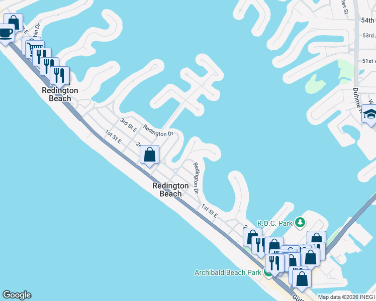 map of restaurants, bars, coffee shops, grocery stores, and more near 15918 Redington Dr in Redington Beach