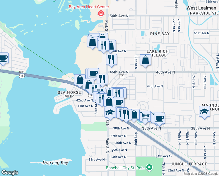 map of restaurants, bars, coffee shops, grocery stores, and more near 4131 Park St N in St Petersburg
