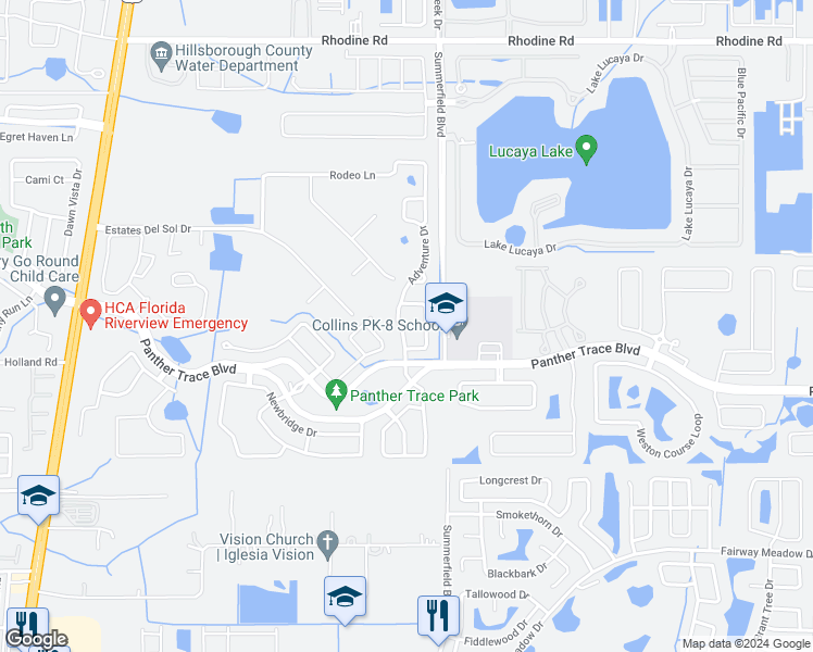 map of restaurants, bars, coffee shops, grocery stores, and more near 12436 Adventure Drive in Riverview