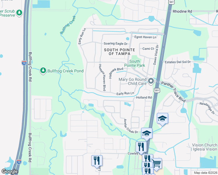 map of restaurants, bars, coffee shops, grocery stores, and more near 10408 Hallmark Boulevard in Riverview
