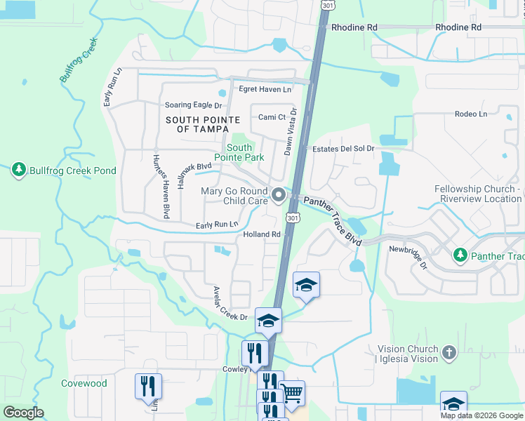map of restaurants, bars, coffee shops, grocery stores, and more near 10615 Walker Vista Drive in Riverview