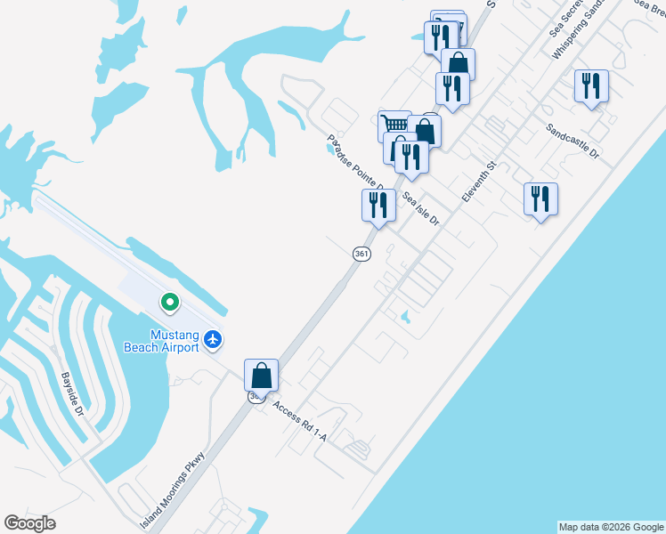 map of restaurants, bars, coffee shops, grocery stores, and more near 2621 Texas 361 in Port Aransas